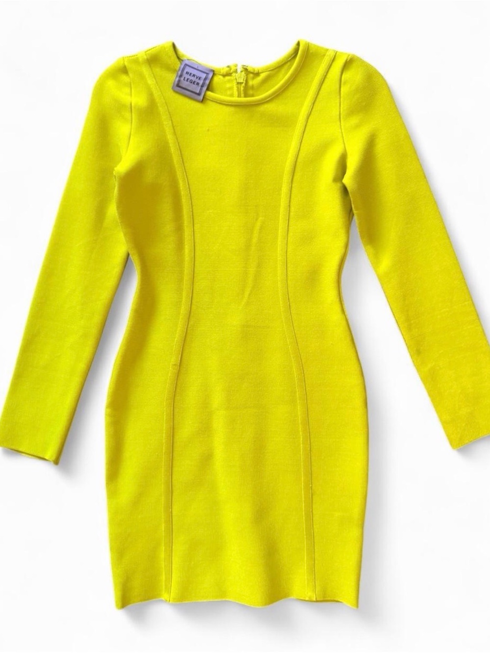 Vintage 90s Herve Leger Neon Yellow Long Sleeve Dress